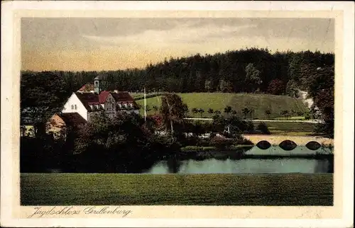 Ak Grillenburg Tharandt im Erzgebirge, Jagdschloss, Teich