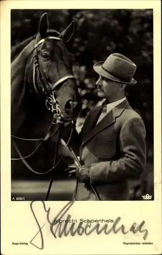 Ak Schauspieler Albrecht Schoenhals, Portrait, Pferd, Ross Verlag A 3205/1, Autogramm