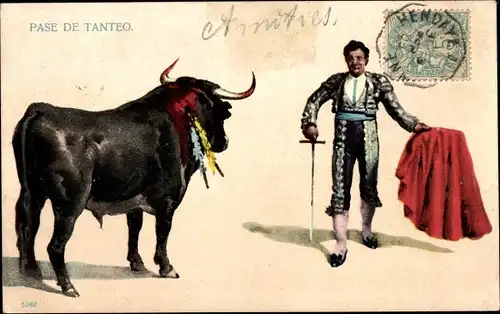 Litho Stierkampfszene, Bullfighter mit rotem Umhang