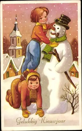 Ak Fröhliches Neujahr, Kinder bauen einen Schneemann
