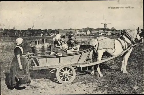 Ak Walcheren Zeeland, Melkkar, Milchkarren, Personen in Trachten, Windmühle