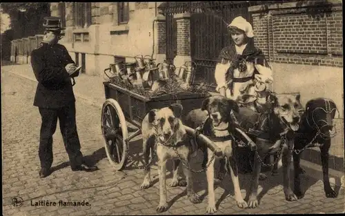 Ak Laitiere flamande, Milchmädchen in belgischer Tracht, Hundekarren, Polizist