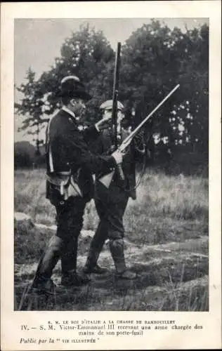 Ak Rambouillet Yvelines, König Viktor Emanuel III. von Italien auf der Jagd, Jagdgewehr