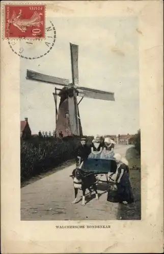 Ak Niederlande, Walchersche Hondenkar, Hundekarren, Windmühle