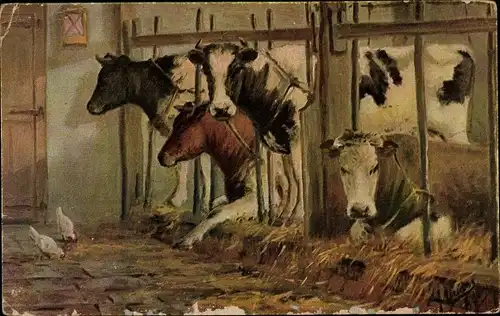 Künstler Ak Bauernhof, Kühe, Kuhstall, Hühner