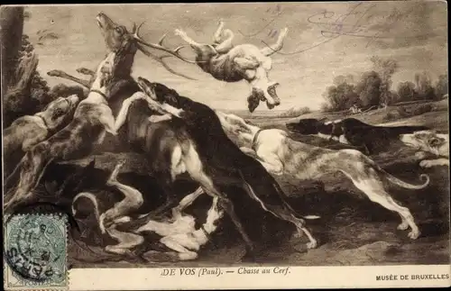 Künstler Ak Vos, d., P., Jagdszene, Hirsch, Jagdhunde