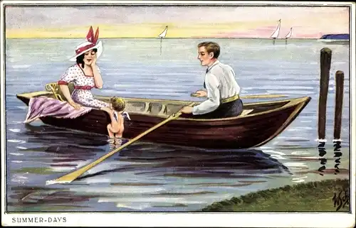 Künstler Ak Scheuermann, Willi, Liebespaar im Ruderboot, Amor