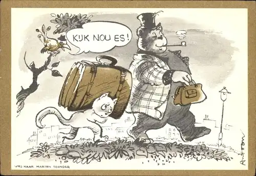 Künstler Ak Vermenschlichter Bär, Katze trägt sein Gepäck