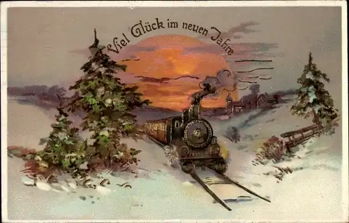 Ak Glückwunsch Neujahr, Eisenbahn, Tannenbäume