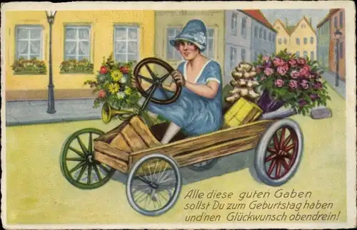 Ak Glückwunsch Geburtstag, Seifenkistenauto, Blumen, Geschenk, Frau