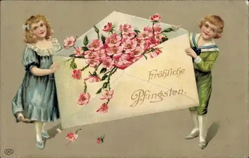 Präge Ak Glückwunsch Pfingsten, Kinder, Briefumschlag, Blumen