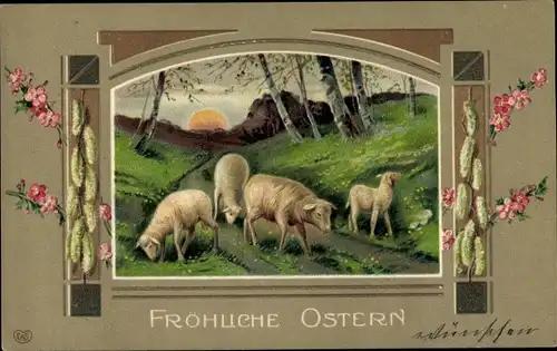 Präge Ak Glückwunsch Ostern, Lämmer, Birken, Blumen