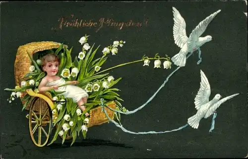 Ak Glückwunsch Pfingsten, Tauben, Rikscha, Maiglöckchen