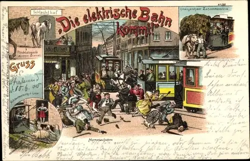 Litho Die elektrische Bahn kommt, Straßenbahn, Verkehrsunfall