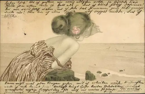 Jugendstil Künstler Litho Kirchner, Raphael, Frau schaut aufs Meer hinaus