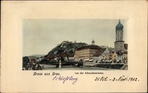 Ak Graz Steiermark, Blick von der Albrechtsbrücke, Schlossberg