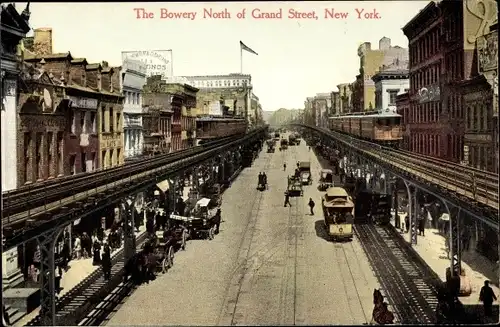 Ak New York City USA, The Bowery North of Grand Street, Gleise, Straßenbahn, Straßenpartie