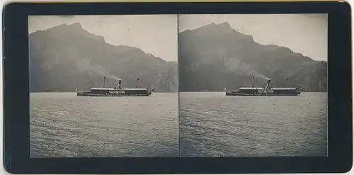 Stereo Foto Sisikon Kt. Uri Schweiz, Tellsplatte, Salondampfer auf dem Vierwaldstättersee