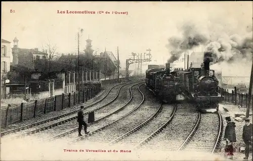 Ak Les Locomotives, Cie de l’Ouest, Trains de Versailles und Le Mans