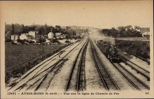 Ak Athis Mons Essonne, Vue sur la ligne de Chemin de Fer, Dampflok