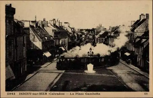 Ak Isigny sur Mer Calvados, Place Gambetta, Straßenbahn