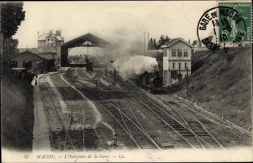 Ak Mâcon Saône-et-Loire, Bahnhof, Gleisseite, Dampflok