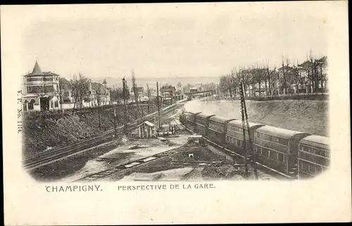 Ak Champigny Marne, Bahnhof, Gleisseite, Dampflok, Doppelstock-Waggons