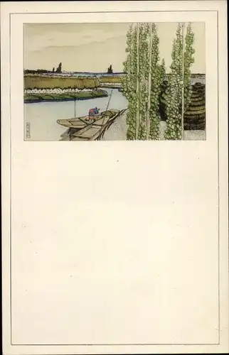 Künstler Ak Japan, Landschaft mit Fluss und Boot