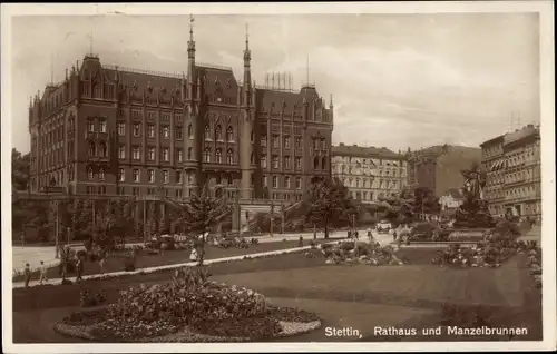 Ak Szczecin Stettin Pommern, Rathaus und Manzelbrunnen