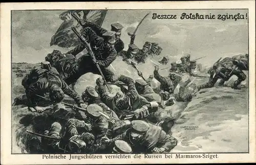 Künstler Ak Marmaroschsiget Máramaros sziget Rumänien, Polnische Jungschützen vernichten Russen