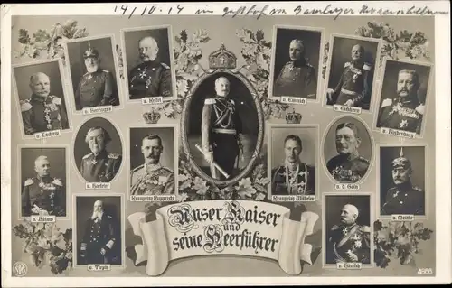 Ak Kaiser Wilhelm II. mit seinen Heerführern, Hindenburg, Bülow, Emmich, Moltke, Kronprinz Rupprecht