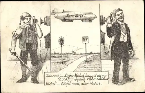 Ak Deutscher Michel am Telefon mit Poincaré, Luftschiff, Karikatur 1. WK
