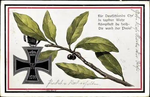 Ak Für Deutschlands Ehr, Eisernes Kreuz 1914, Lorbeerzweig