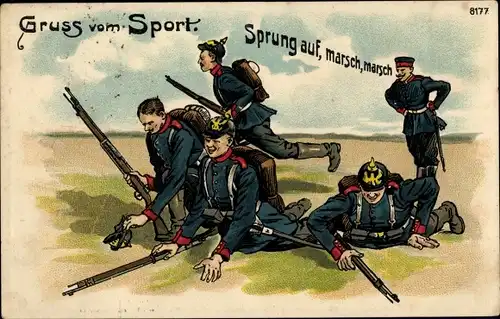 Litho Soldaten beim Sport, Sprung auf, marsch, marsch