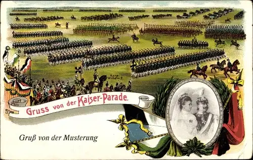 Präge Litho Kaiserparade, Gruß von der Musterung, Deutsches Kaiserpaar