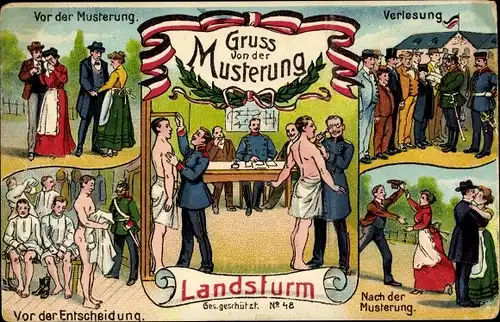 Litho Gruß von der Musterung, Landsturm, Entscheidung, Verlesung