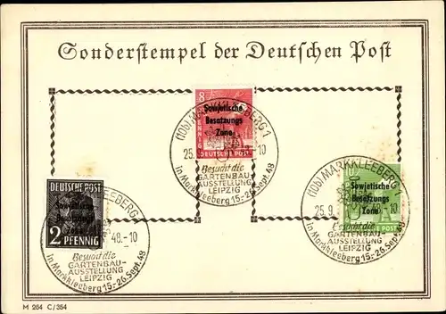 Briefmarken Ak Sonderstempel der Deutschen Post, Gartenbau-Ausstellung Leipzig Markkleeberg 1948