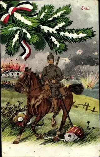 Ak Deutscher Soldat auf dem Schlachtfeld, Train, Tannenzweig, Kriegsweihnacht, 1. WK
