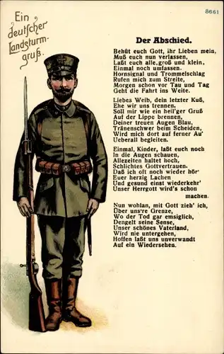 Gedicht Ak Der Abschied, Ein deutscher Landsturmgruß, Soldat mit Bajonett