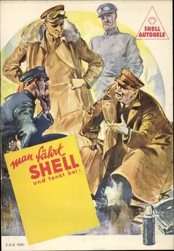 Künstler Ak Man fährt Shell, Reklame Shell Autooele, Chauffeure in Fahrerkleidung