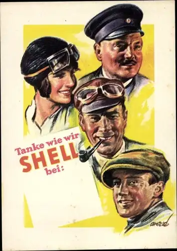 Künstler Ak Tanke wie wir Shell, Autofahrer, Frau mit Fahrerbrille