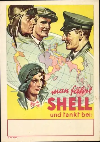 Künstler Ak Man fährt Shell, Reklame, Männer und Frau mit Fahrermütze, Fahrerbrille