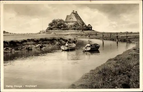 Ak Hallig Hooge in Nordfriesland, Kirchwarf, Ruderboot