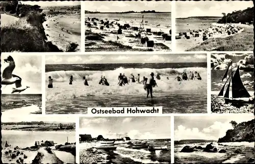 Ak Hohwacht an der Ostsee, Strand, Badegäste, Segelboot, Brandung