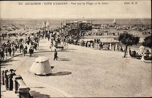 Ak Arcachon Gironde, Cote d'Argent, Blick auf den Strand und den Steg