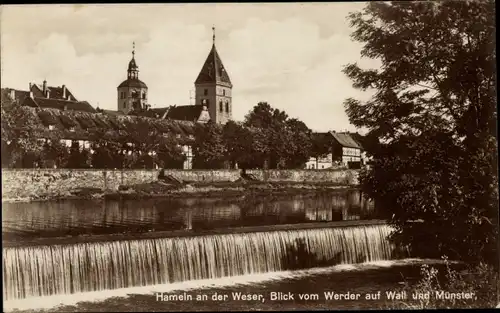 Ak Hameln an der Weser Niedersachsen, Blick vom Werder, Wall, Münster