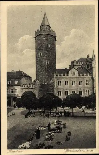 Ak Bautzen in der Lausitz, Wendischer Turm, Platz, Händler