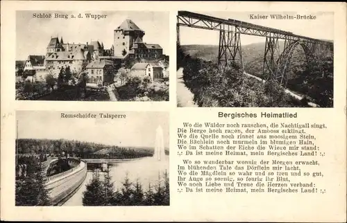 Ak Burg an der Wupper Solingen, Schloss Burg, Kaiser Wilhelm-Brücke, Remscheider Talsperre, Lied