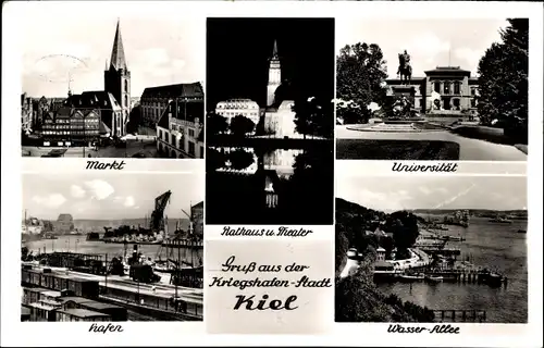 Ak Kiel, Rathaus, Theater, Universität, Markt, Hafen, Wasser-Allee