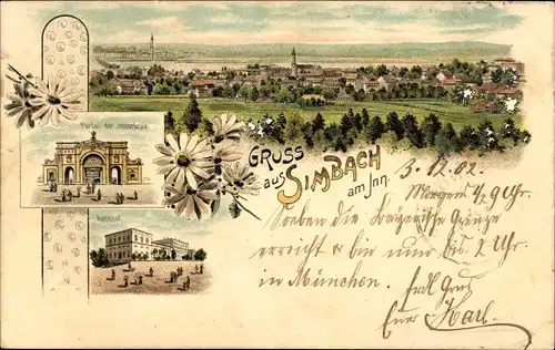 Litho Simbach am Inn in Niederbayern, Bahnhof, Portal der Innbrücke, Panorama vom Ort